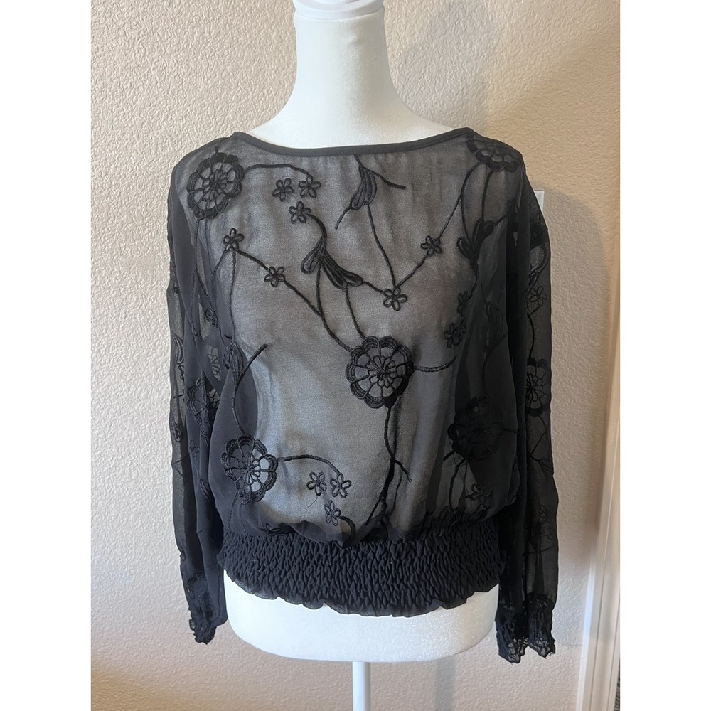 Vintage Y2K Angie Black Sheer Floral Open Back Long Sleeve Blouse Whimsygoth Med